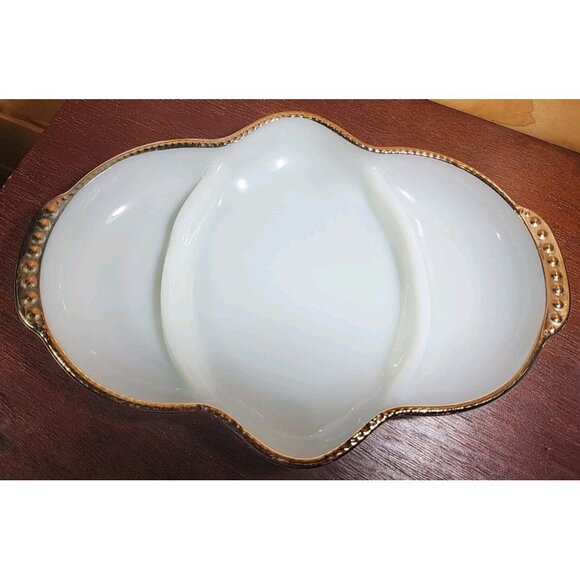 Vintage Fire King White Milk Glass with Gold Trim Divided Dish 3 Section Platter - Picture 2 of 7